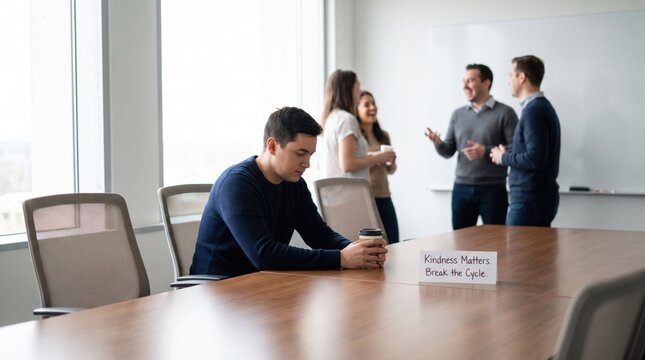 Lonely businessman excluded from office group, sad man sitting alone in conference room, workplace bullying and social isolation concept
