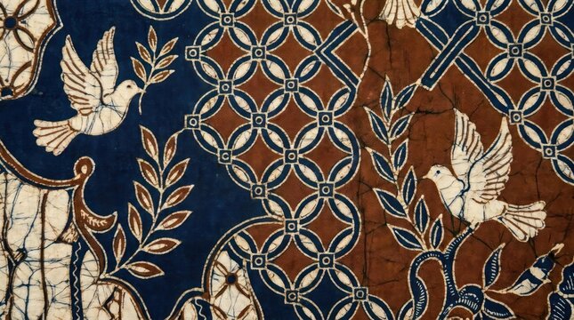 Traditional batik pattern featuring white doves and leaves.