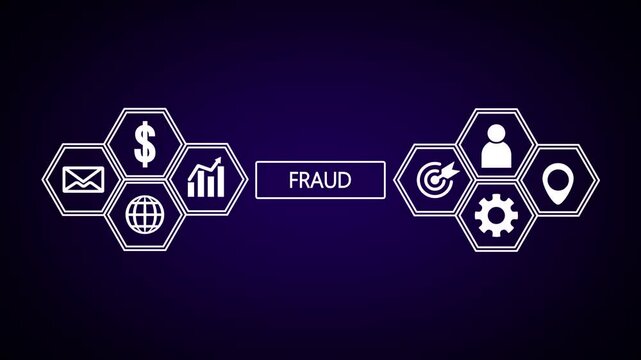 Fraud concept with interconnected hexagonal representing finance communication global reach analytics people goals and location on a dark blue background Keywords: fraud crime deception dishonesty