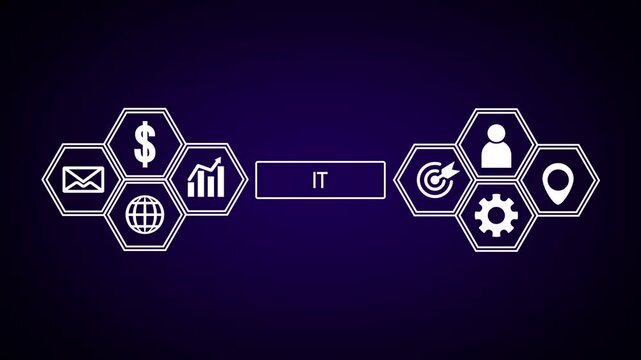 IT information technology concept with interconnected hexagonal representing finance communication global reach analytics people goals and location on a dark blue background Keywords: IT