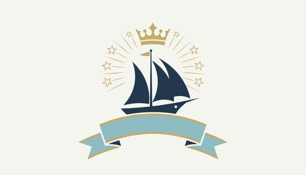 Classic dark blue sailing ship graphic under a gold crown and radiating stars, featuring a light blue ribbon banner below.