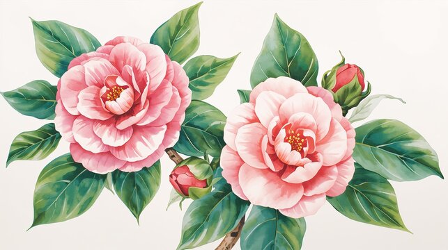 Watercolor blooming camellia flowers with rich green leaves
