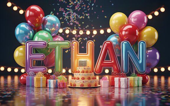 Ethan birthday celebration featuring large colorful inflatable balloon letters surrounded by bright party decorations and a frosted cake with lit candles under festive glowing lights in a dark party b