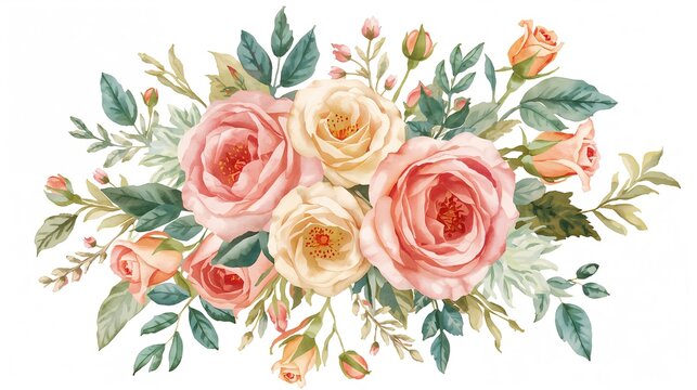 Watercolor blooming wild roses surrounded by delicate green leaves