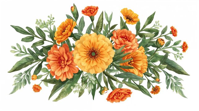 Watercolor floral arrangement featuring marigolds and green foliage