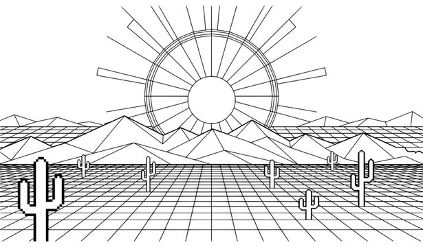 Retro synthwave desert landscape vector illustration with wireframe grid mountains giant sun and cactus lineart for eighties nostalgic poster background design