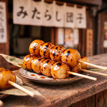 Glazed mitarashi dango rice dumplings on wooden skewers for Asian food marketing