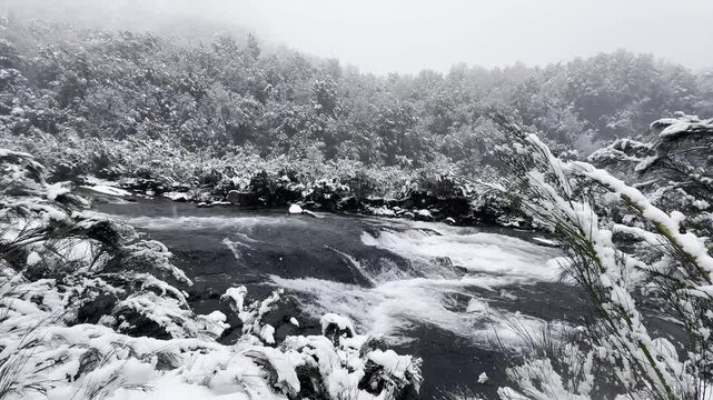 El Cerduo Park, with snow-covered trees by the river, during winter in the city of Puc&oacute;n, southern Chile.