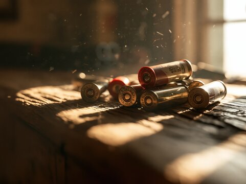 Shotgun shells on a wooden table with natural light