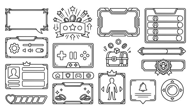 Fantasy and sci-fi game user interface vector icon set with borders buttons chest health bar and frames lineart for mobile gaming design