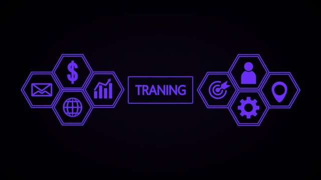 A black background with a central rectangle labeled TRANING and two rows of vibrant purple hexagonal representing business concepts and processes on either side of the text