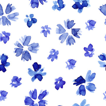 Seamless cobalt blue watercolor floral pattern with hand painted flowers in a simple basic hand drawn style