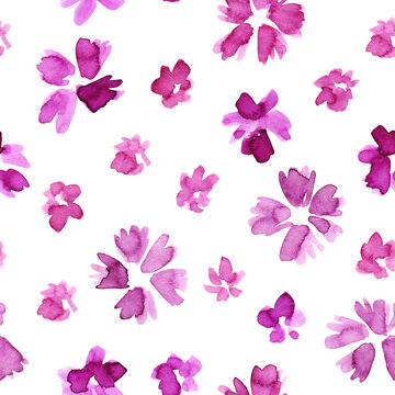 Seamless watercolor pattern with small cute pink and magenta flowers hand painted on a white background. Perfect for fabric, wallpaper, wrapping paper, stationery, packaging and home decor.