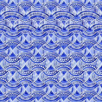 Seamless blue watercolor pattern with decorative bulb-shaped ornaments filled with ocean waves, Perfect for fabric, wallpaper, wrapping paper, stationery, packaging and home decor