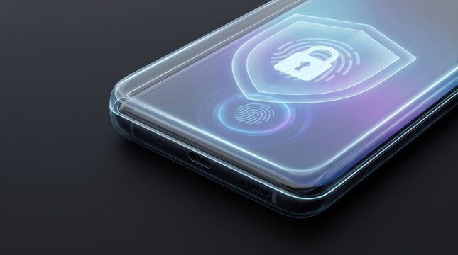 Cybersecurity smartphone interface with glowing shield and padlock icon. Mobile data protection and biometric fingerprint scanner on glass screen.