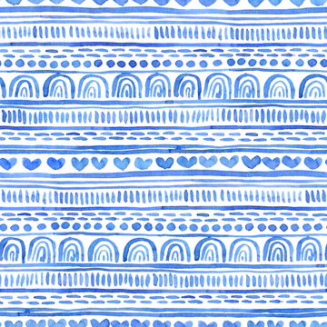 Seamless blue watercolor pattern with hand painted arches, hearts, stripes and dots in a simple minimalist kids style