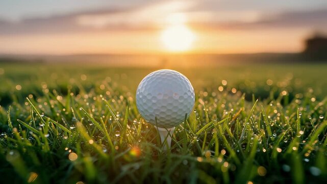 Golf ball on dew covered tee at sunrise ready for play on green golf course