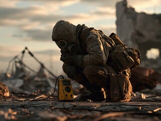 Fototapeta premium Person in gas mask checking radiation detector in ruins