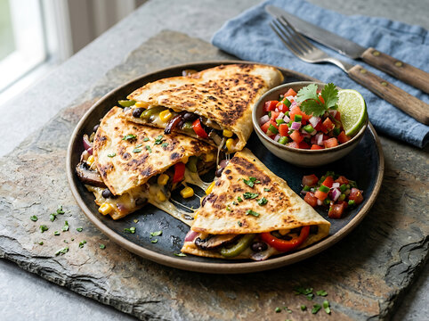 Delicious homemade vegetable quesadilla served with fresh pico de gallo salsa on a rustic stone plate.
