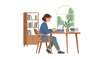 Fototapeta premium Focused young woman typing on laptop at cozy home office workspace with window flat vector illustration