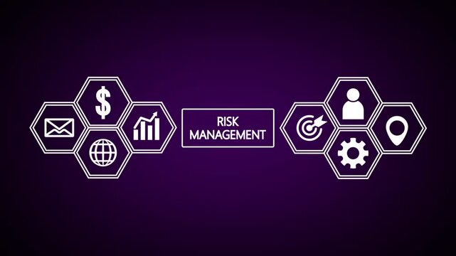 A dark purple background with white hexagonal representing business concepts like risk management, finance, communication, global reach, growth, strategy, people, and operations