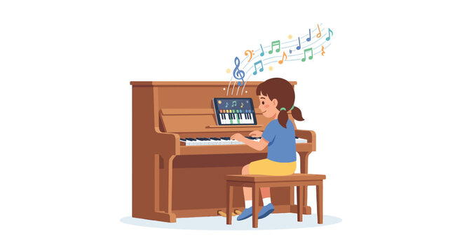 Young girl practicing piano with digital tablet music application for online learning flat vector element