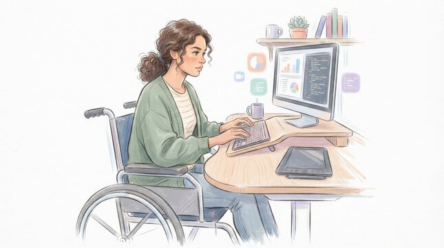 Young woman in wheelchair working at desk on computer with wheelchair computer disability accessibility inclusive lifestyle