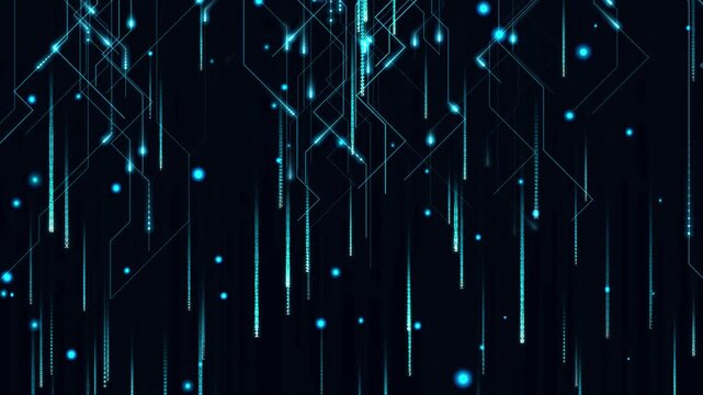 Futuristic cyber circuit board background, cyan glowing matrix code rain animation, digital data flow loop 4k