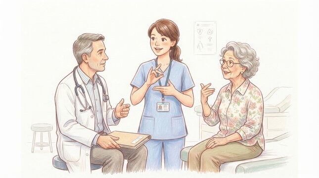 A doctor and a nurse discussing health plan options with an elderly female patient discussion healthcare consultation hospital