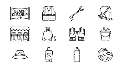 Fototapeta premium Beach Cleanup Icons: Safety Vest, Gloves, Trash Bags, Rake, Recycling Bins