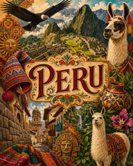 Naklejka premium Peru Travel Poster with Machu Picchu, Llamas, Andean Culture and Traditional Textiles