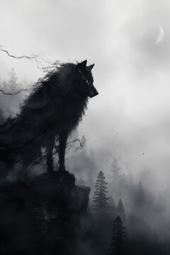 Mystical Black Wolf in Foggy Forest with Moon and Dark Fantasy Atmosphere