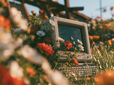 Retro computer displaying code in a flower field