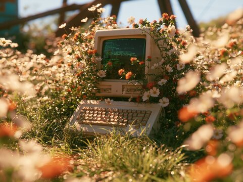 Vintage computer in a field of wild flowers