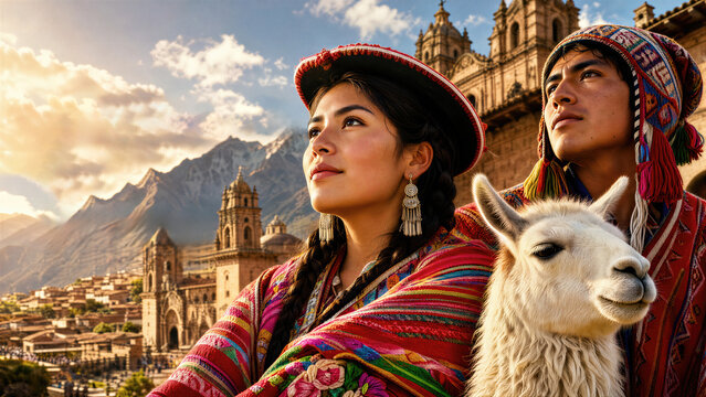 Peruvian woman and man in traditional clothing standing with a llama in Cusco. Indigenous people celebrating Peru Independence Day. National pride and Andean cultural heritage concept.