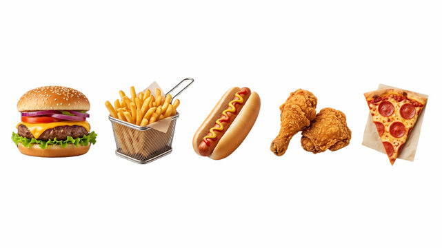 Fast food combo set with french fries, hot dog, and fried chicken isolated on white background