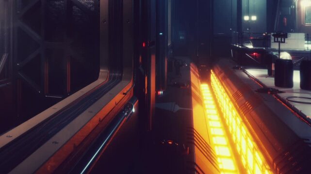 In a dimly lit corridor of a space station, bright orange lights illuminate the metal surfaces. Technologies and equipment are visible along the walls. A person is seen working at a console.