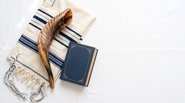 Jewish shofar placed on a tallit prayer shawl alongside a blue book over a white background.