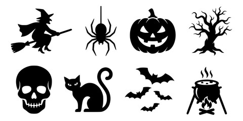 Fototapeta premium Black silhouette halloween icons set including witch, tree, bats, spider, pumpkin, cat, tombstone, skull and cauldron