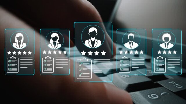 Modern technology aids in professional review processes, showcasing user ratings and resumes on a keyboard, emphasizing efficiency in job evaluations and candidate assessments. Entropy.