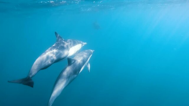 Pod of common dolphins swimming through crystal clear blue water off the east coast of New South Wales, Australia, in slow motion.
