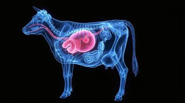Cow Anatomy X-Ray Rotating 3D Animation Showing Digestive System and Stomach