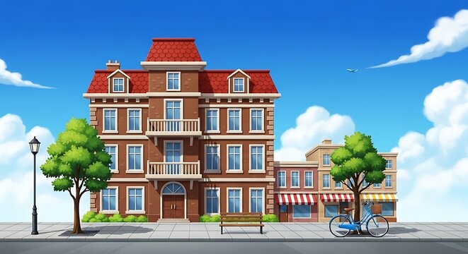 Charming multistory brick building with storefronts on sunny street scene
