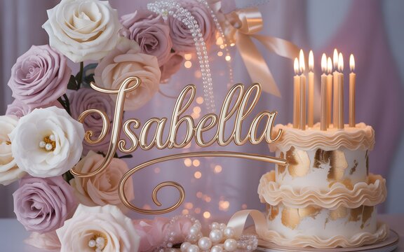 Isabella birthday cake decorated with elegant gold metallic script lettering surrounded by soft pastel roses and glowing lit candles creating a sophisticated festive atmosphere for a special celebrato