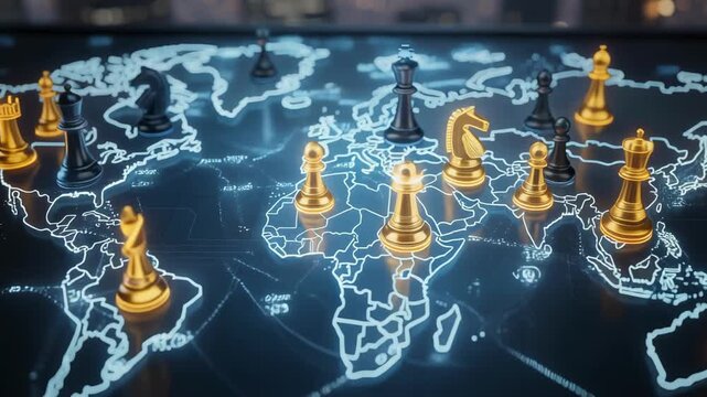 Dynamic video of a strategic chess game unfolding over a glowing world map with illuminated connections