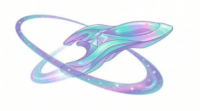 Sleek crystal spaceship gliding within a glowing elliptical orbit ring isolated on white