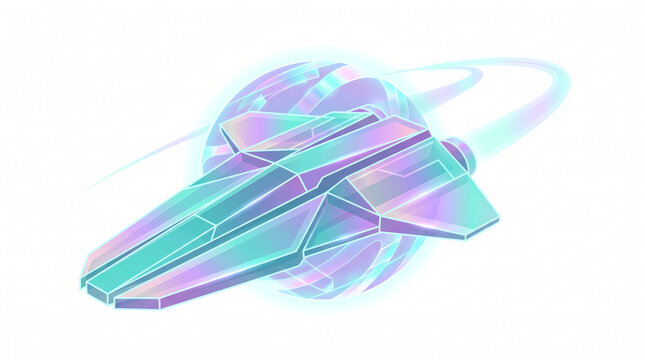 Angular crystalline alien spaceship orbiting a glowing sphere isolated on white background