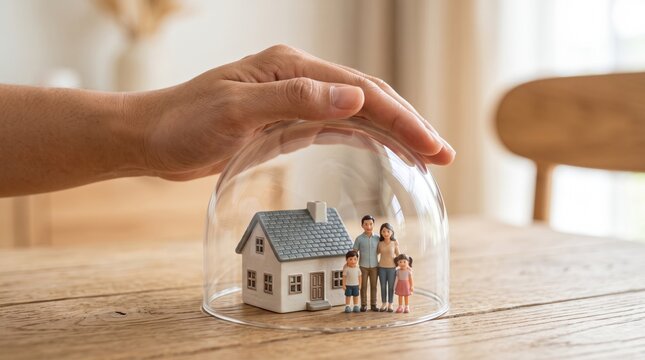 Home insurance concept with hand protecting family under glass dome. Real estate security and property protection. Residential safety and coverage.