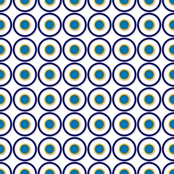 A seamless pattern featuring rows of Nazar evil eye symbols. Each eye has a dark blue outer ring, white middle, yellow border, and a bright blue center on a white background.