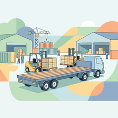 Naklejka premium Warehouse Logistics And Shipping Dock Operations With Forklifts And Truck Loading Cargo